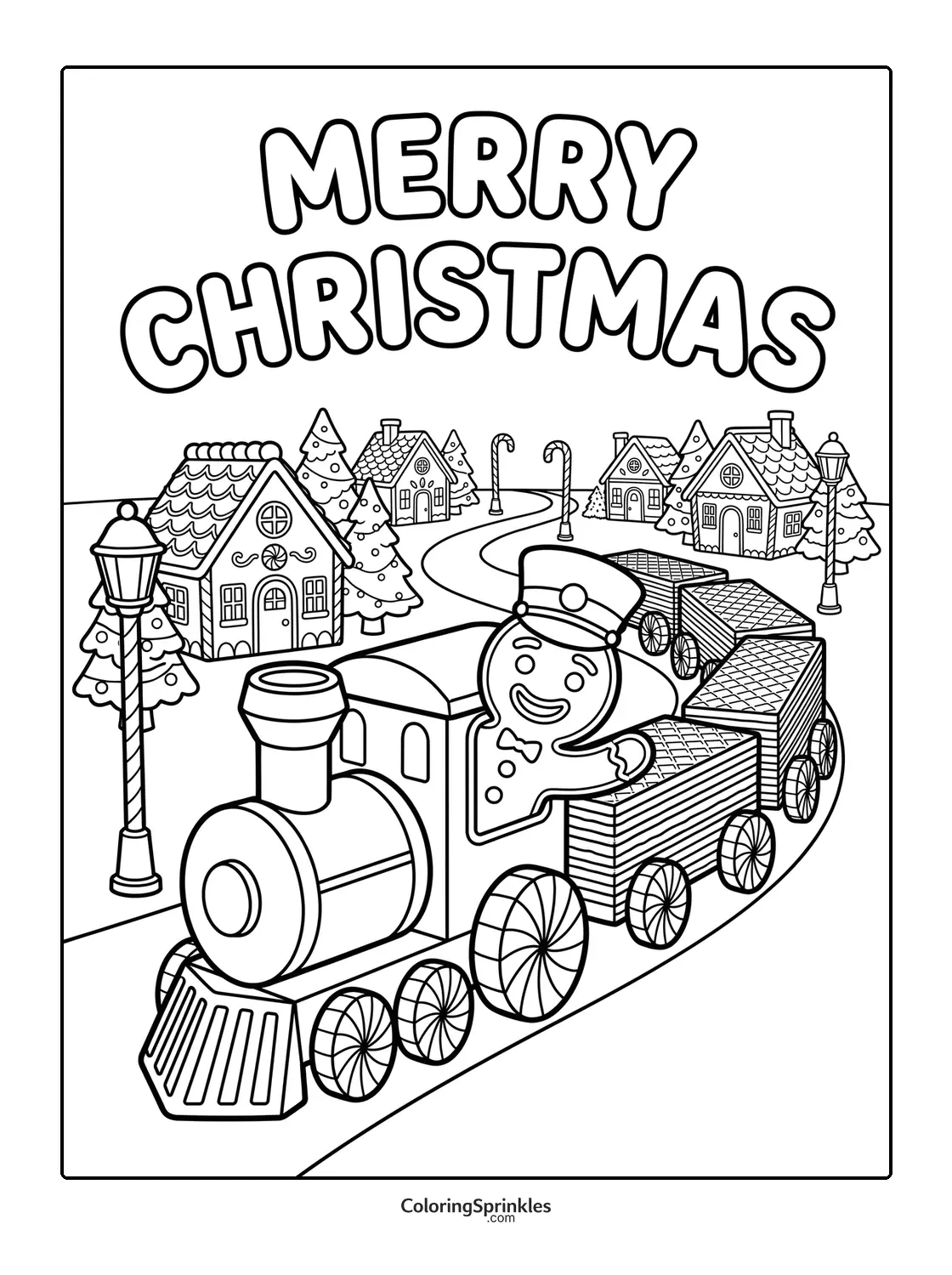 Coloring page of a gingerbread man conductor on a train in a Christmas village