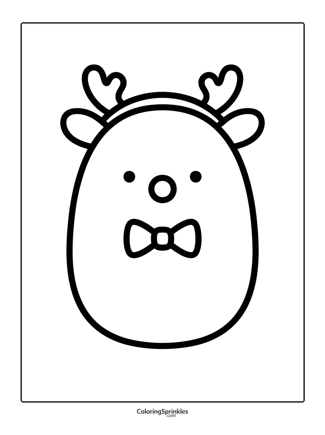 Coloring page of a simple reindeer face with a bowtie