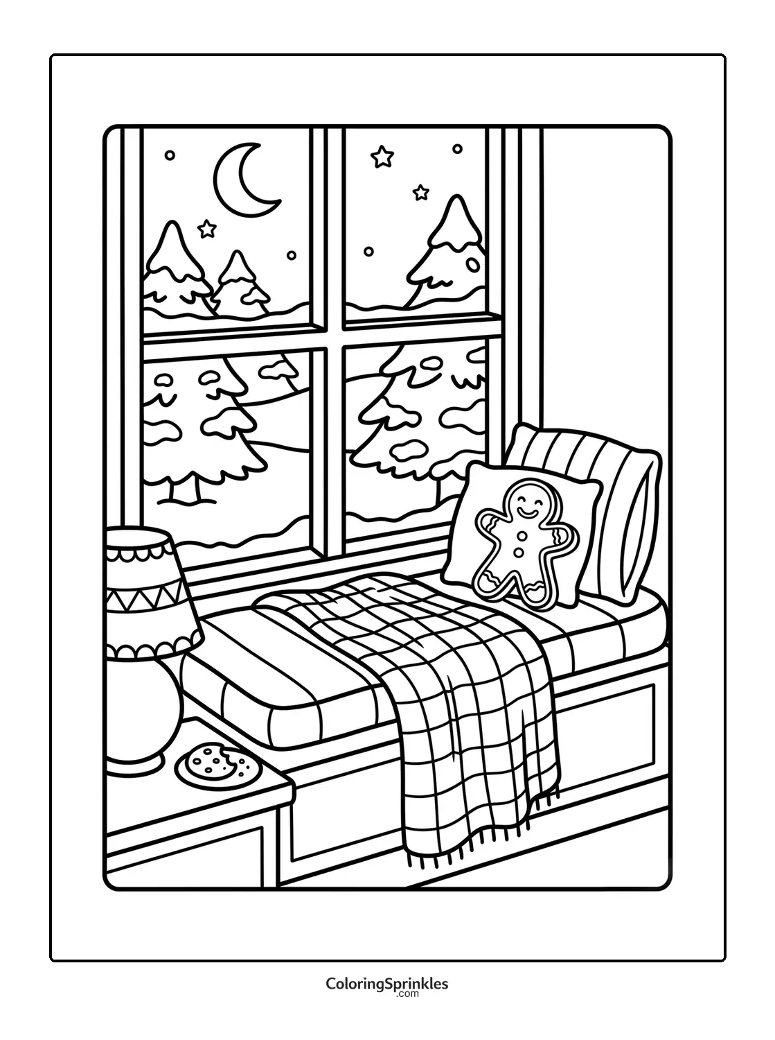 Coloring page of a cozy window seat with a gingerbread man pillow on a winter night