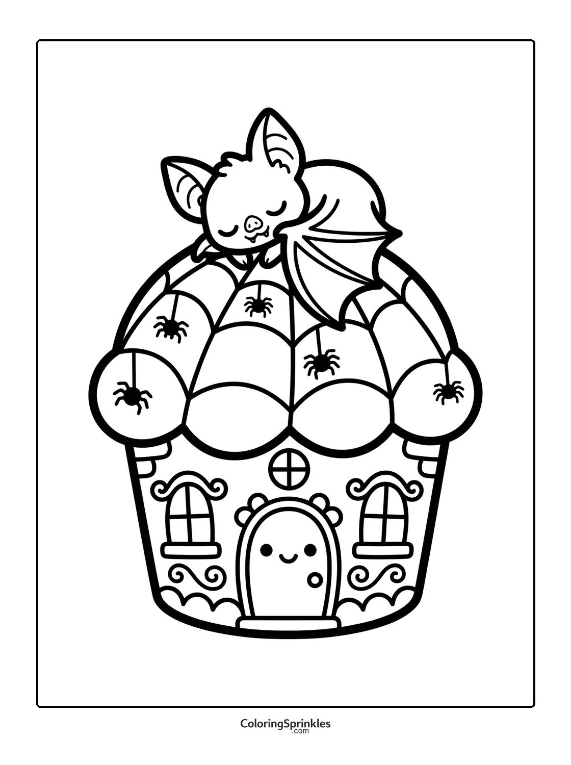 Coloring page of a bat sleeping on a cupcake house roof with hanging spiders