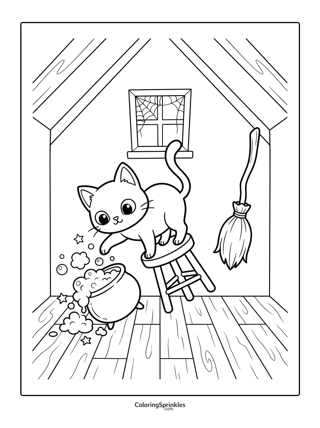 Coloring page of a cat standing on a stool near a bubbling cauldron in an attic