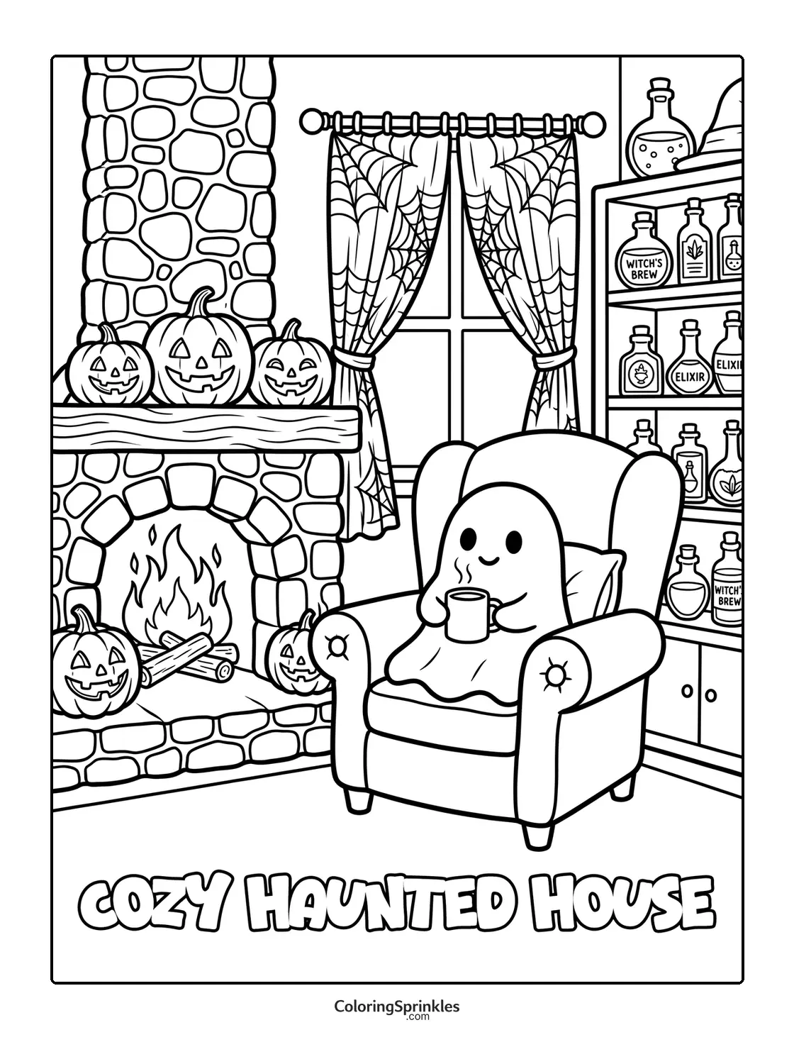 Coloring page of a cozy haunted house with a ghost sitting by a fireplace and pumpkins