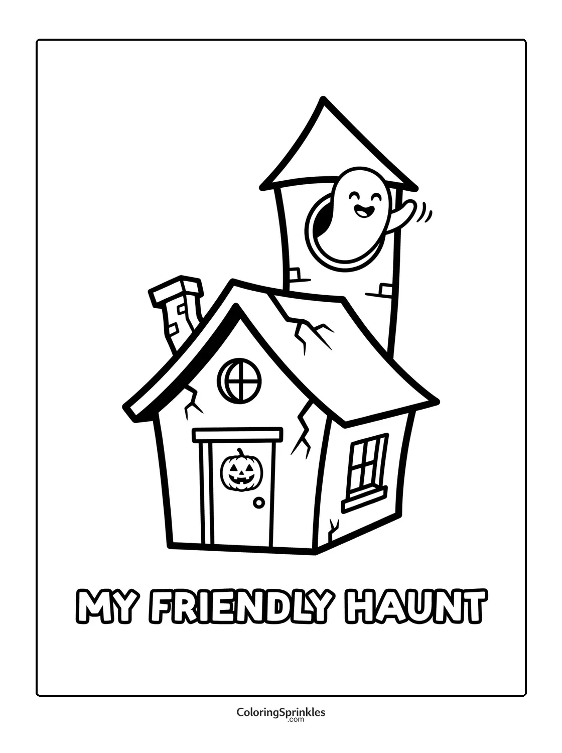 Coloring page of a friendly haunted house with a waving ghost and pumpkin on the door