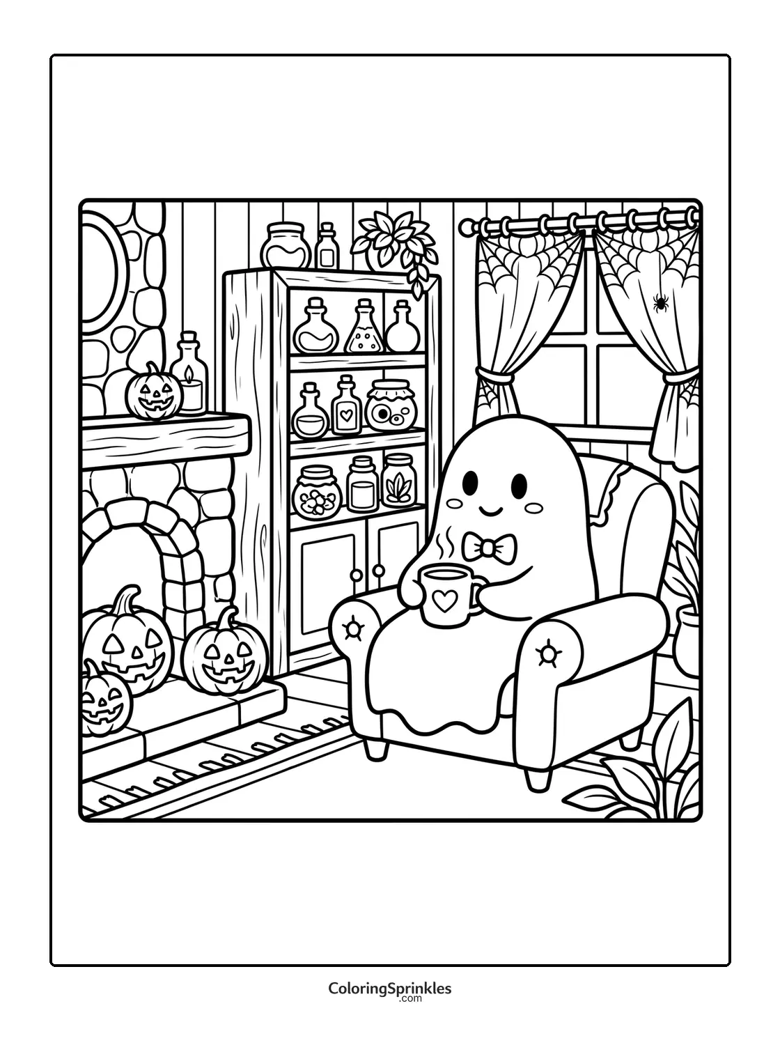 Coloring page of a cute ghost drinking from a mug in a cozy Halloween room