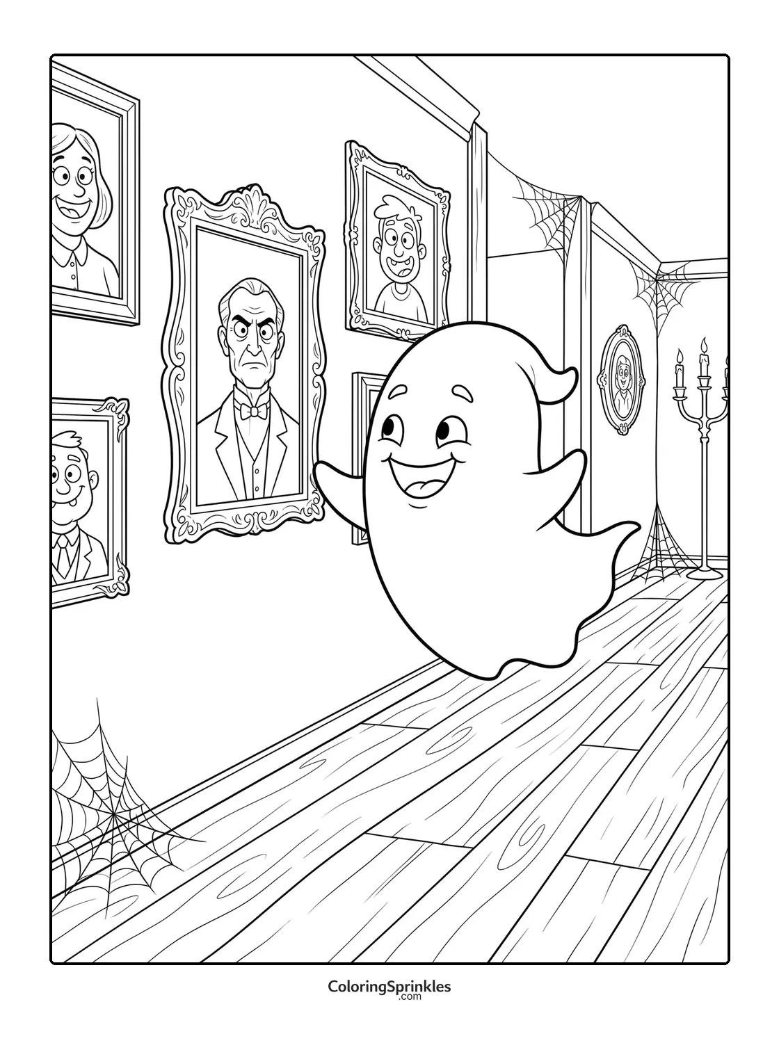 Coloring page of a happy ghost floating in a haunted house hallway with portraits and cobwebs