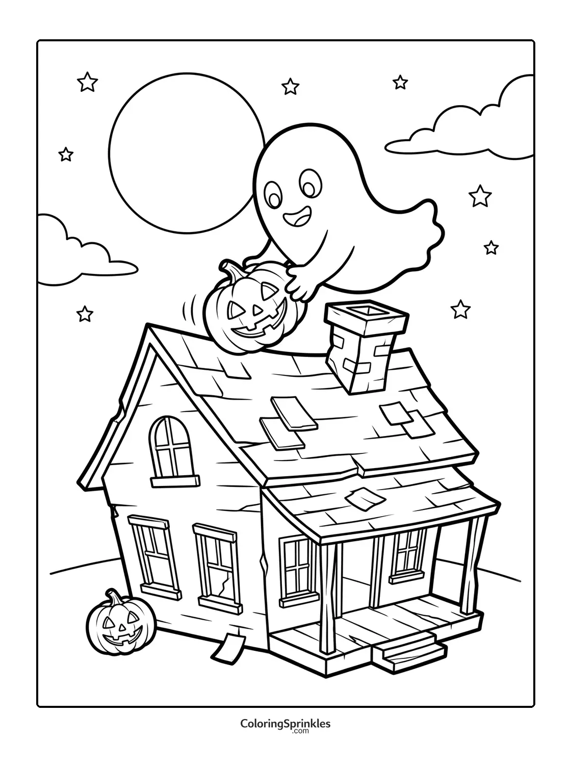 Coloring page of a ghost placing a pumpkin on a haunted house roof at night