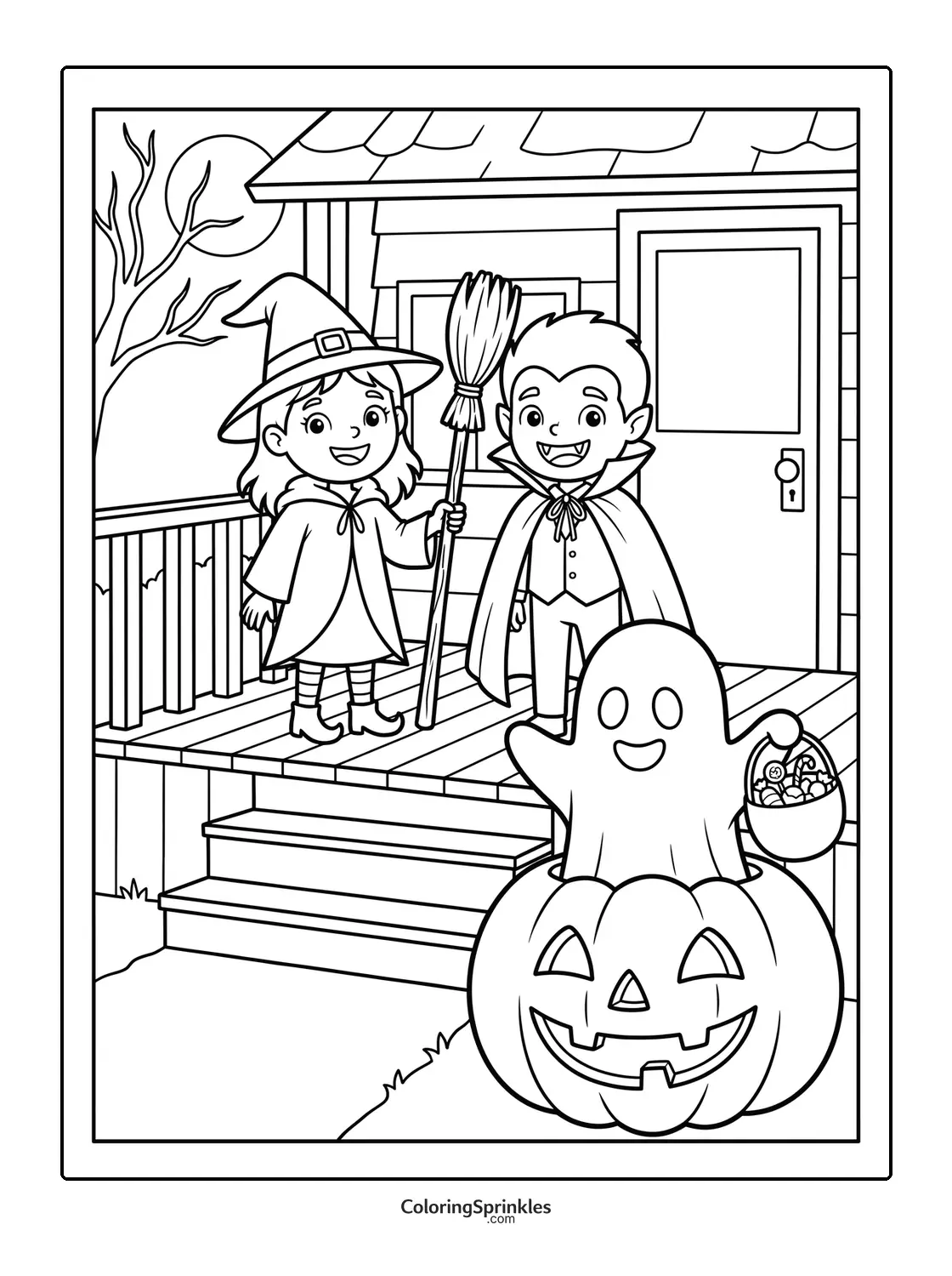Coloring page of Halloween kids dressed as a witch and vampire with a ghost holding candy near a pumpkin