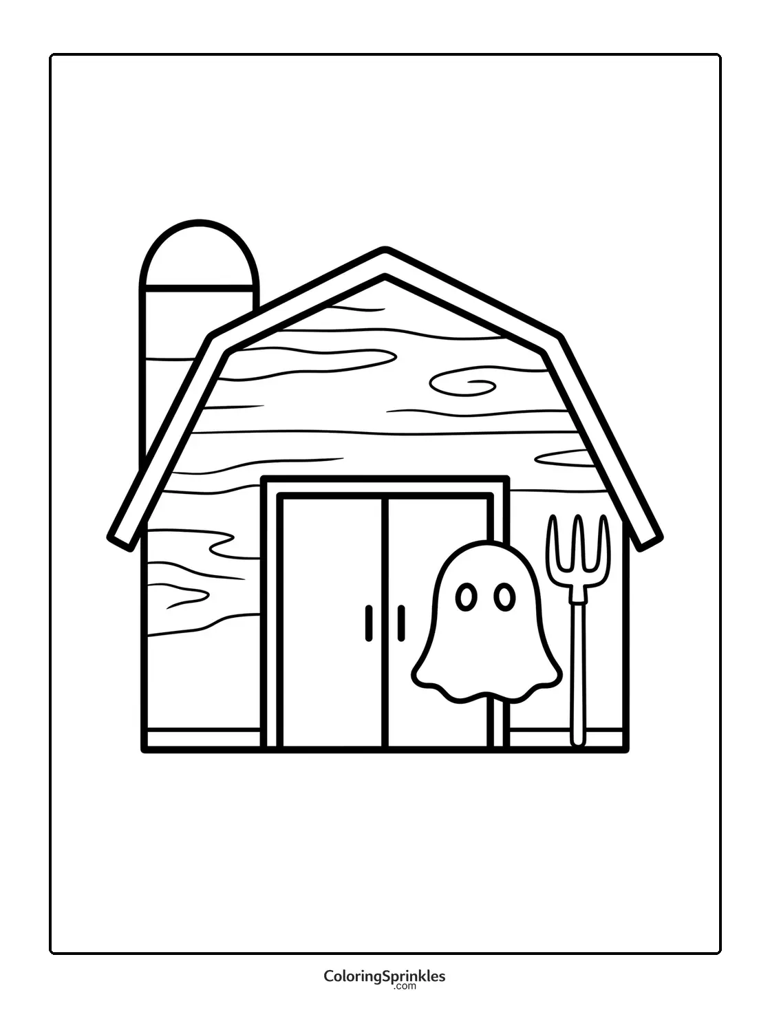 Coloring page of a haunted barn with a ghost and pitchfork