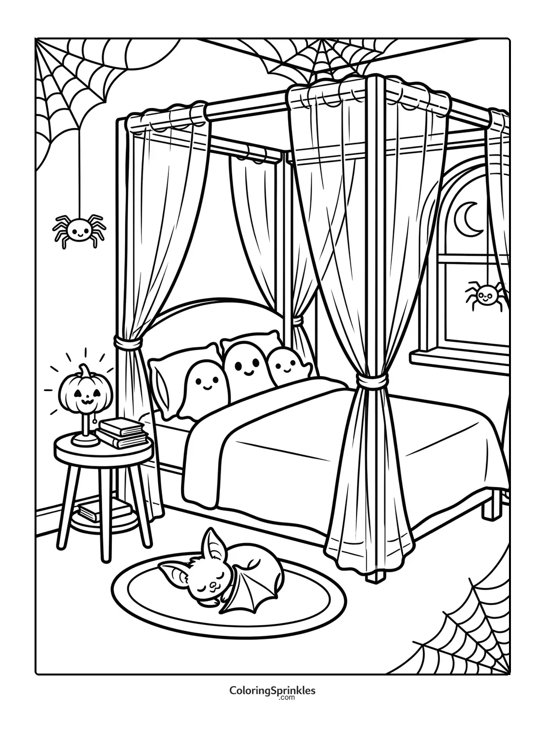 Coloring page of a haunted bedroom with ghosts on the bed, a sleeping bat, pumpkin lamp and spiders