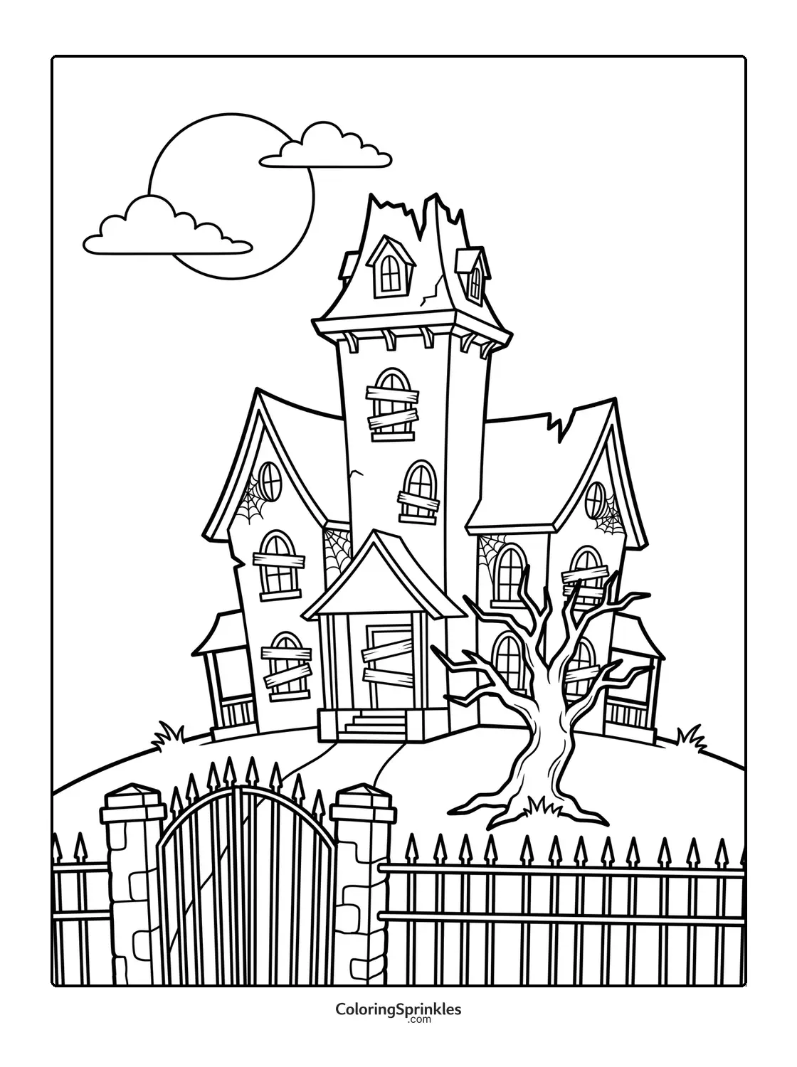 Coloring page of a haunted house with a bare tree and fence under the moon