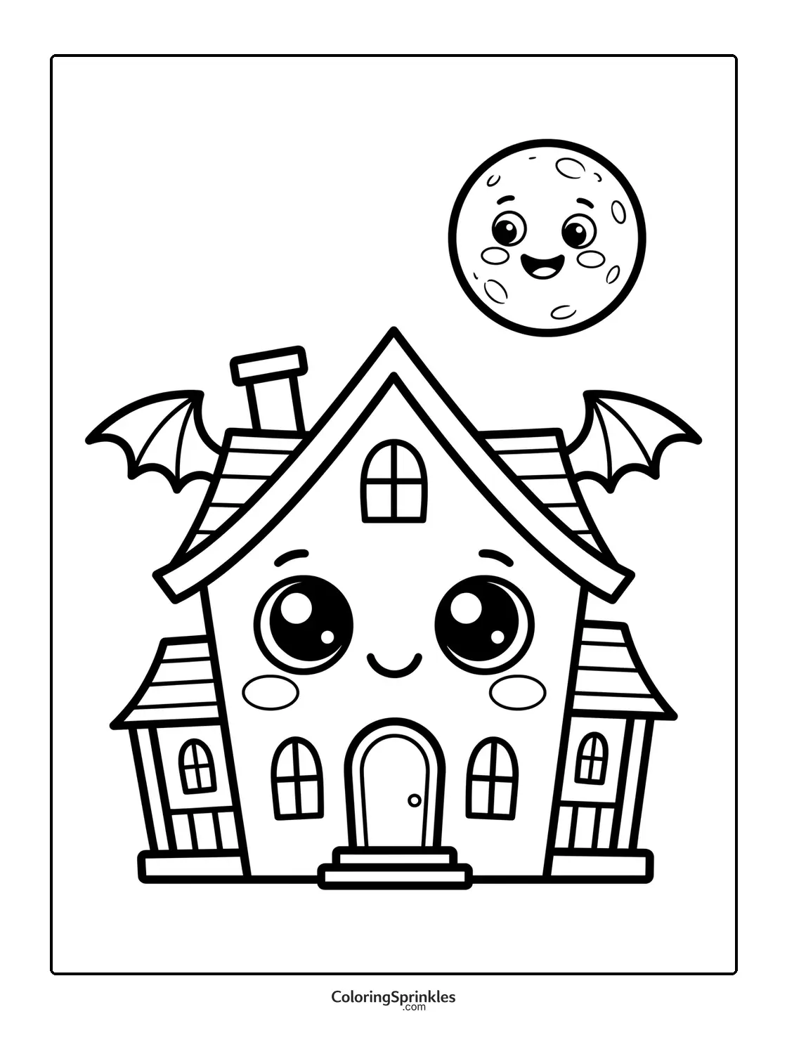 Coloring page of a haunted house with bat wings and a smiling moon