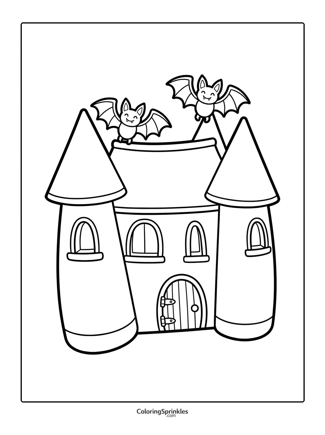 Coloring page of a haunted house castle with two bats flying