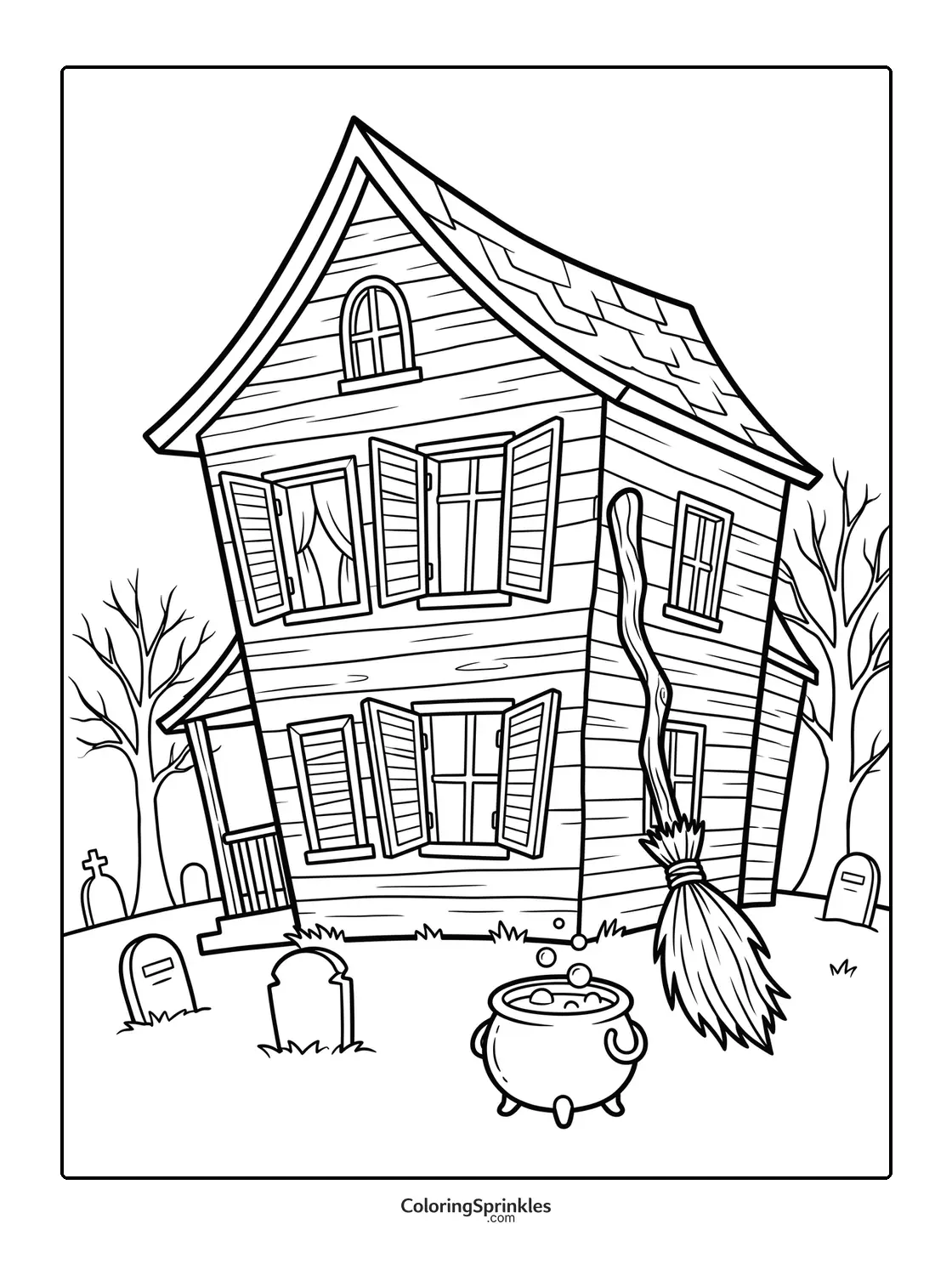Coloring page of a haunted house with a broom, cauldron, and graveyard