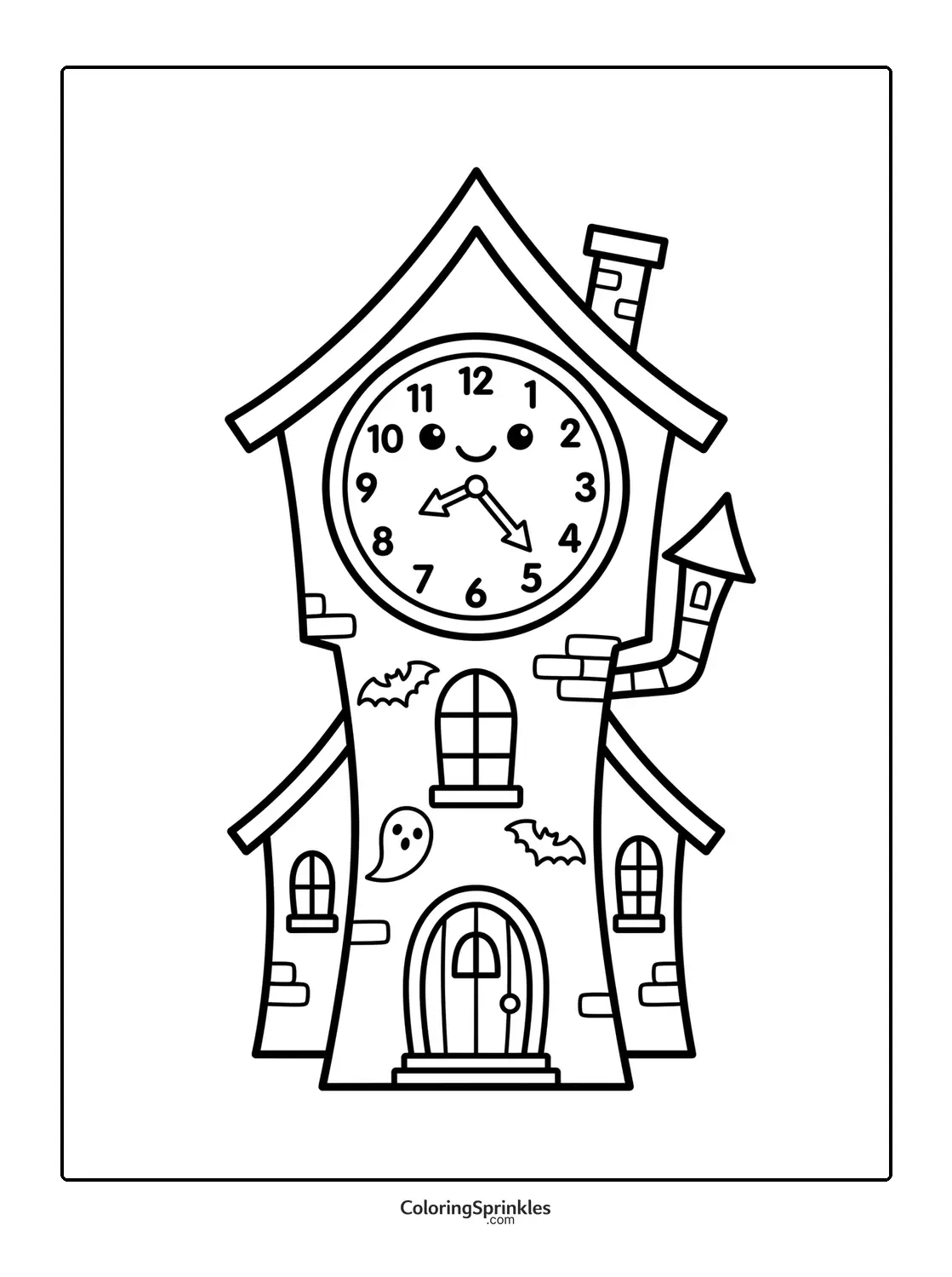 Coloring page of a haunted house with a clock face, ghost and bats