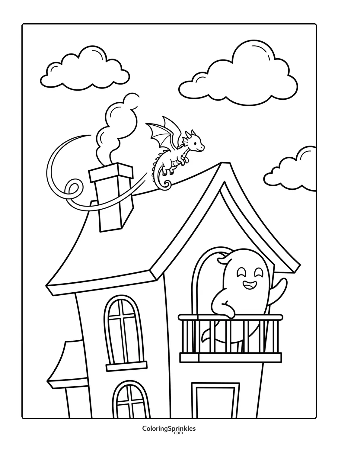 Coloring page of a haunted house with a ghost on the balcony and a dragon flying near the chimney