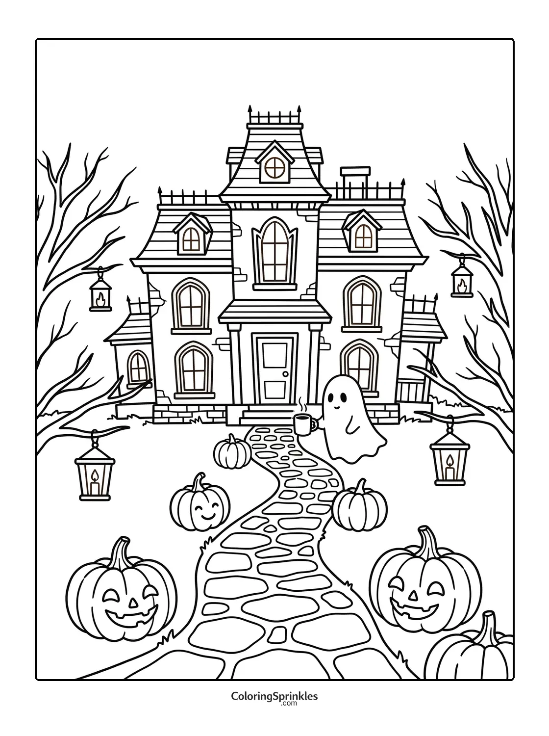 Coloring page of a haunted house with a ghost holding a cup and pumpkins