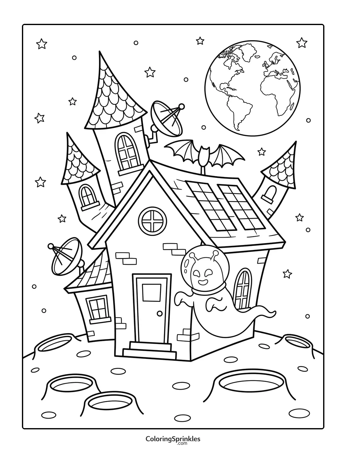 Coloring page of a haunted house with a ghost on the moon with Earth in the background