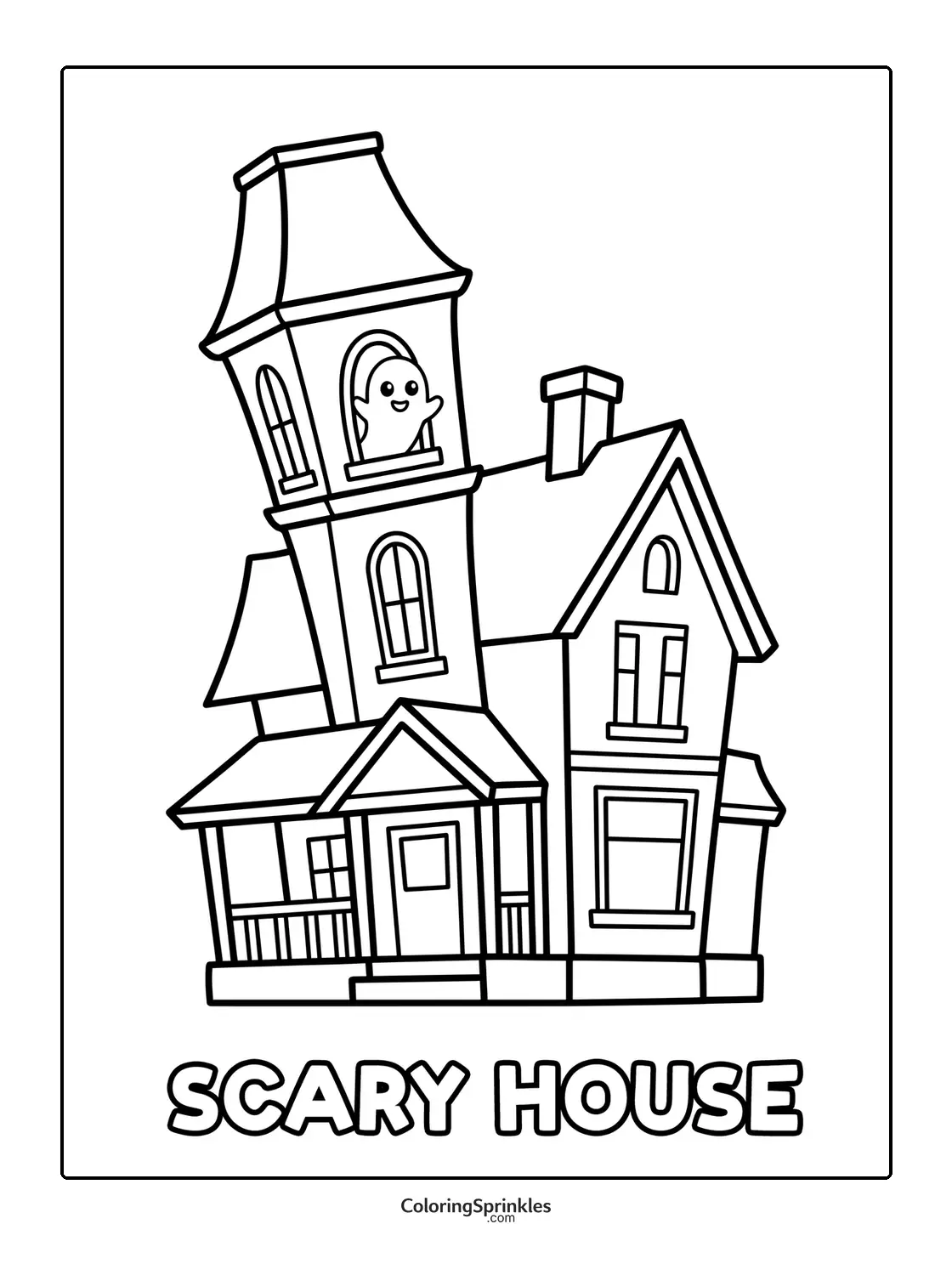 Coloring page of a haunted house with a ghost in the tower and a porch