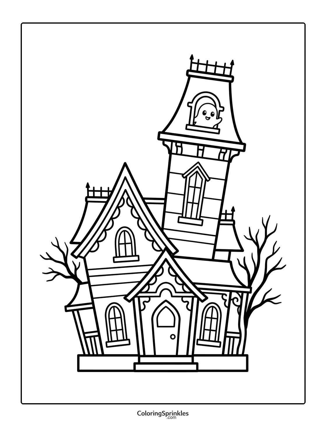 Coloring page of a haunted house with a ghost and bare trees