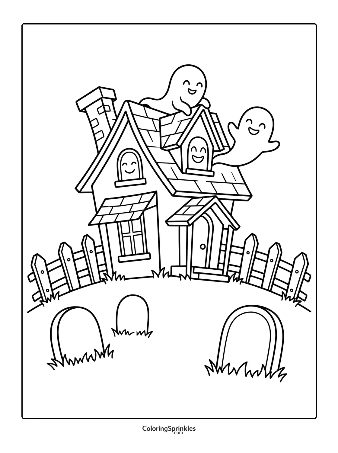 Coloring page of a haunted house with ghosts and a graveyard