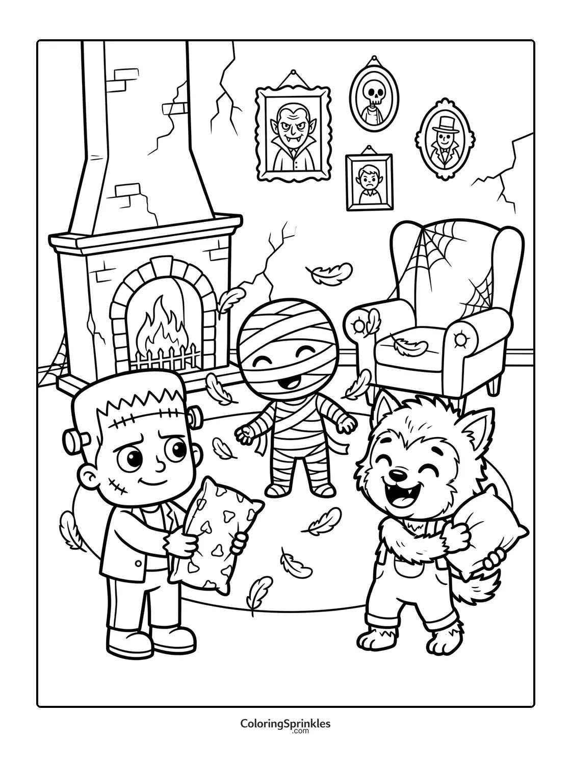 Coloring page of cute monsters having a pillow fight in a haunted house