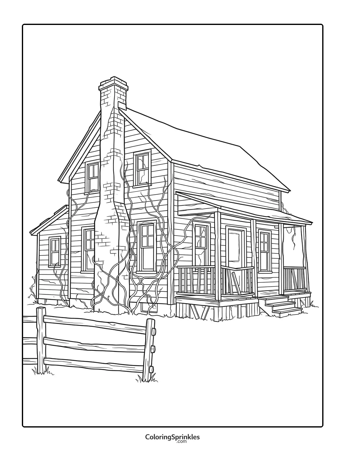 Coloring page of a haunted house with an old wooden fence and vines