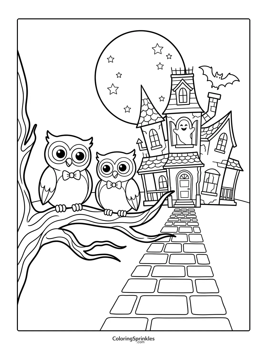 Coloring page of a haunted house with owls, a ghost, and a bat under the moon