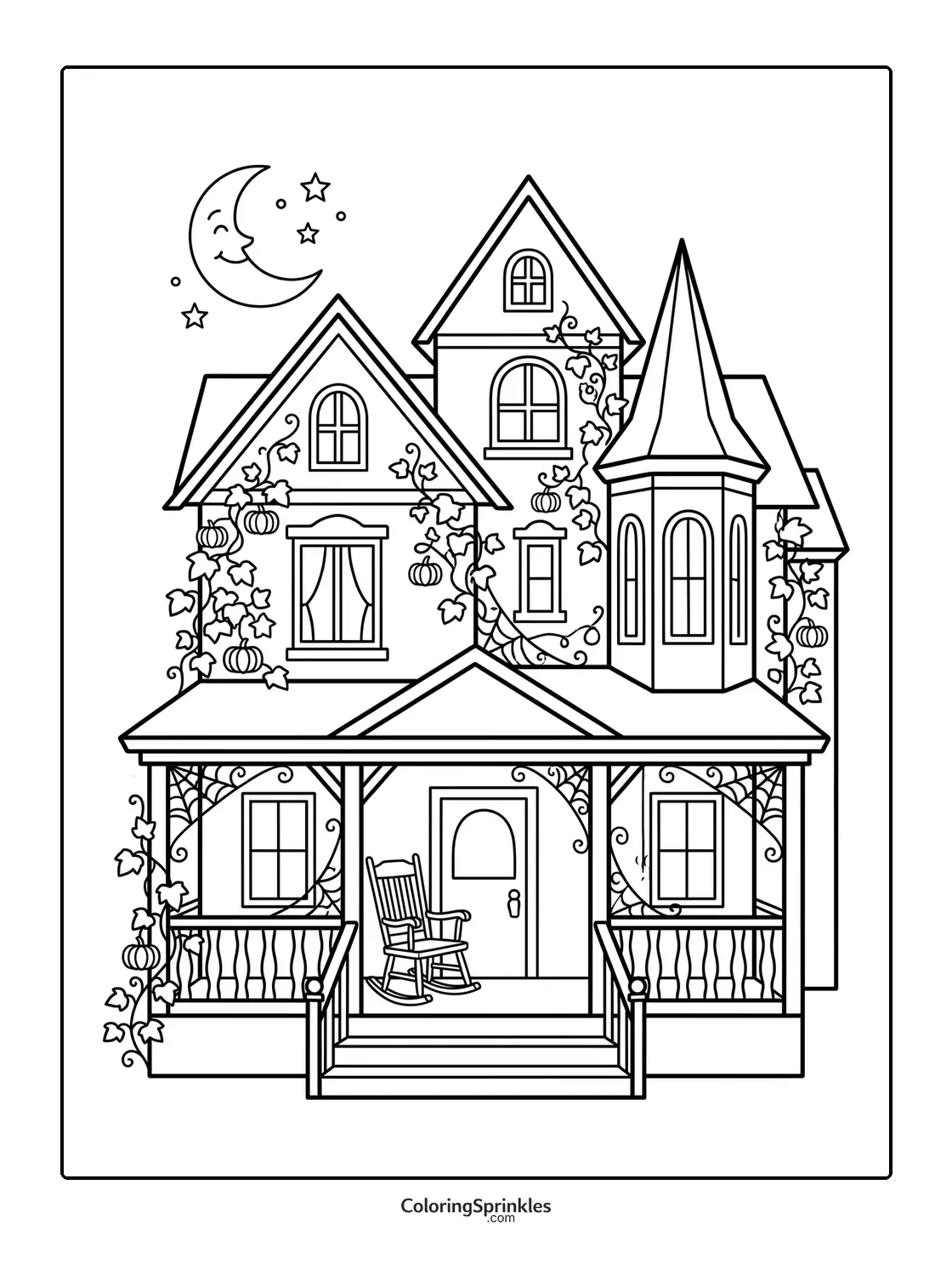 Coloring page of a haunted house with a porch, rocking chair, cobwebs, and pumpkins