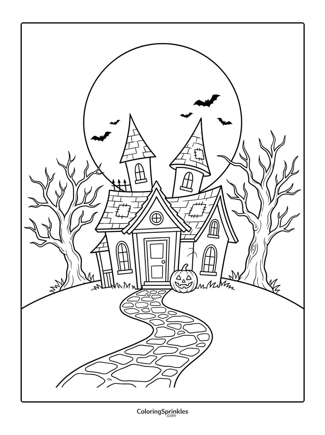 Coloring page of a haunted house with a pumpkin, bats and a full moon