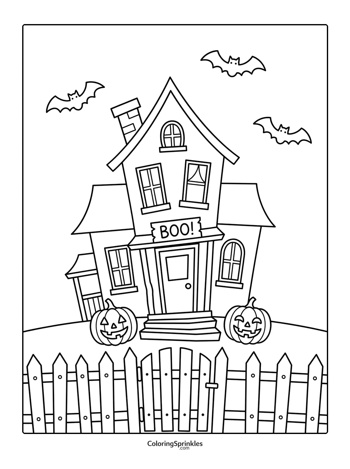 Coloring page of a haunted house with pumpkins, bats, and a fence