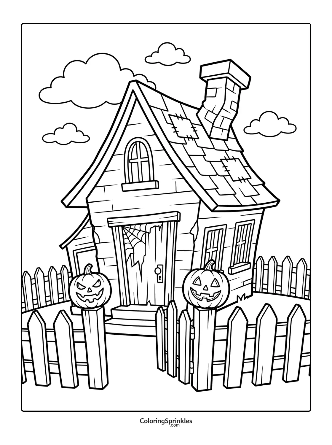 Coloring page of a haunted house with pumpkins and a fence