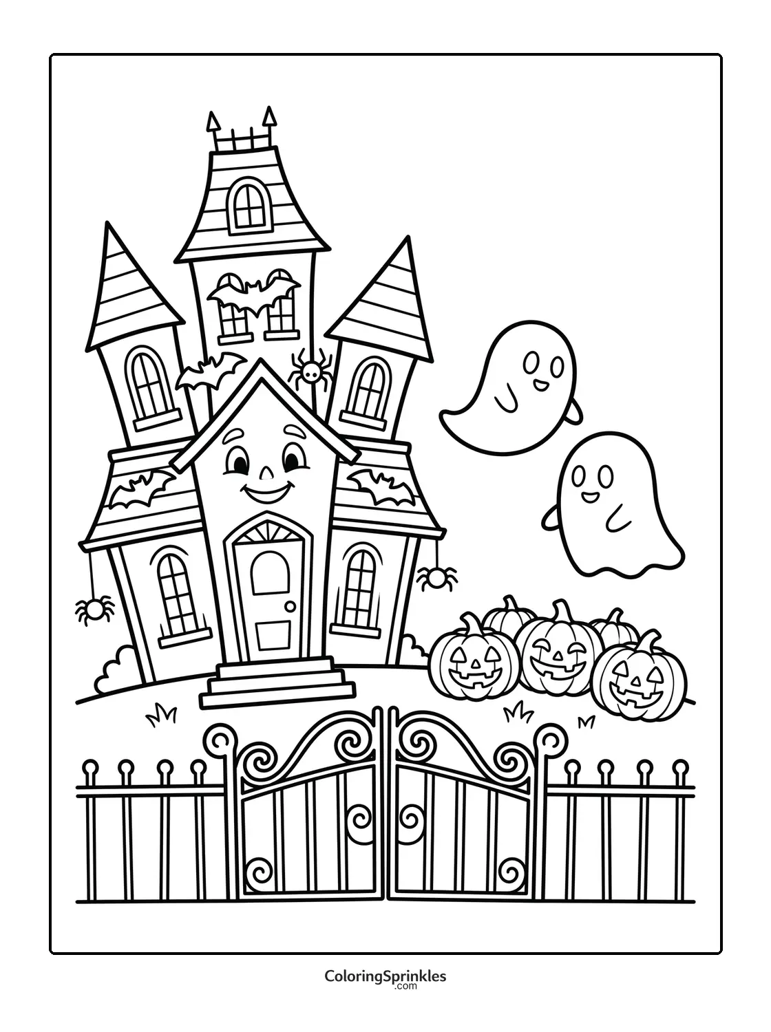 Coloring page of a haunted house with pumpkins, ghosts, spiders, and bats