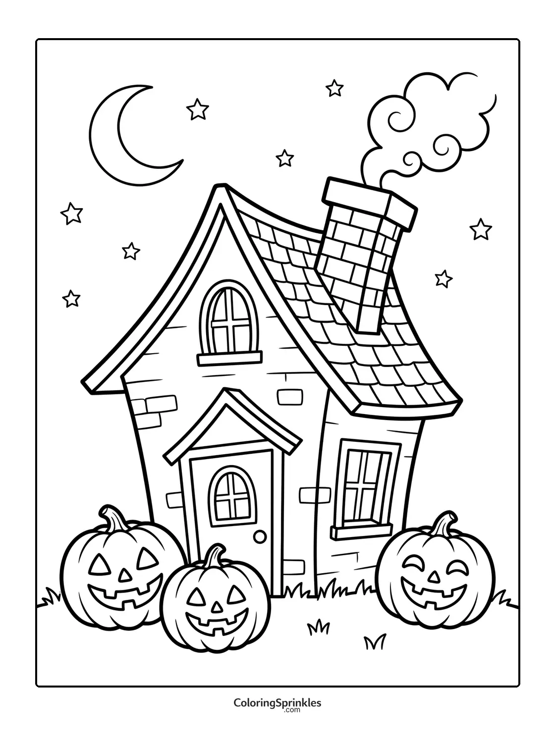 Coloring page of a haunted house with pumpkins under a moon and stars