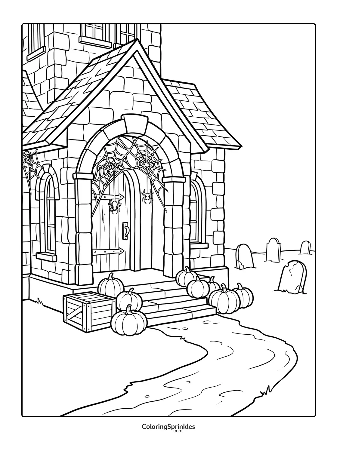 Coloring page of a haunted house entrance with pumpkins, spider webs, and a graveyard