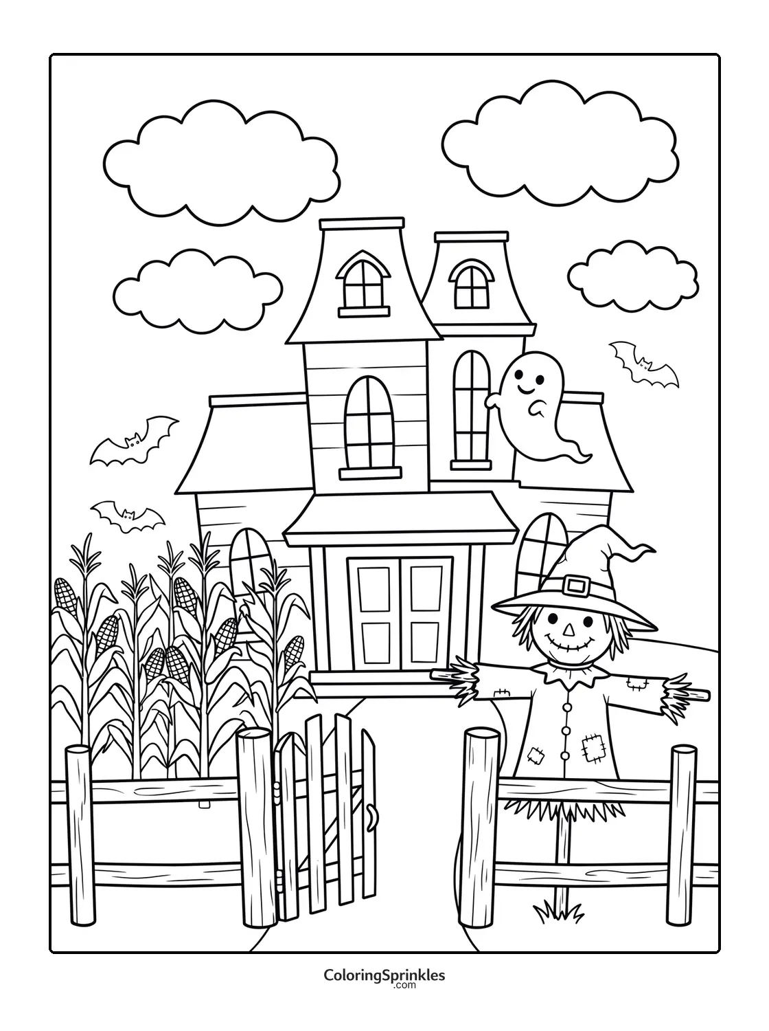 Coloring page of a haunted house with a scarecrow, ghost, bats, and cornfield
