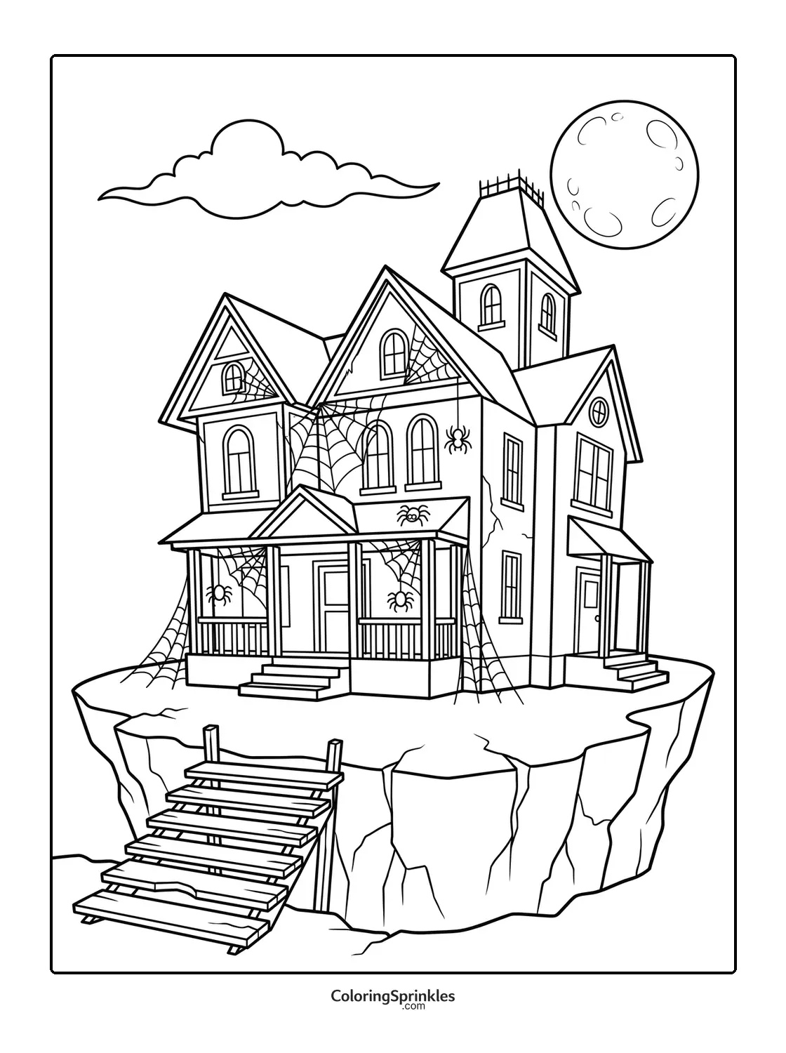 Coloring page of a haunted house with spider webs on a cliff under the moon