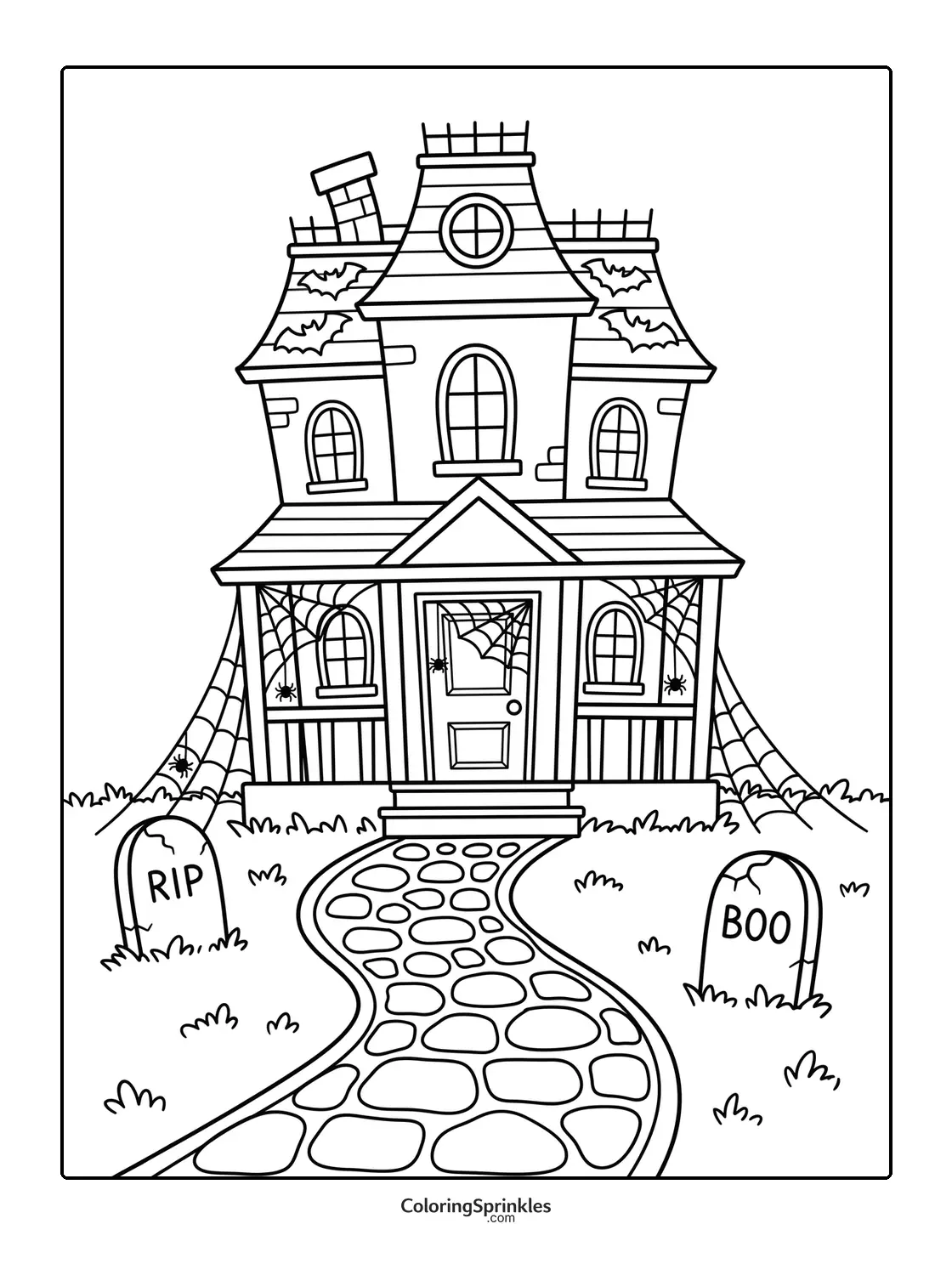 Coloring page of a haunted house with spider webs and gravestones