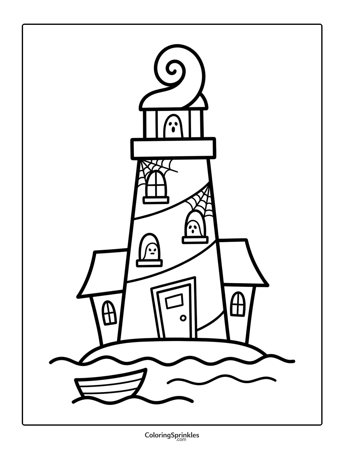 Coloring page of a haunted lighthouse with ghosts and cobwebs by a boat