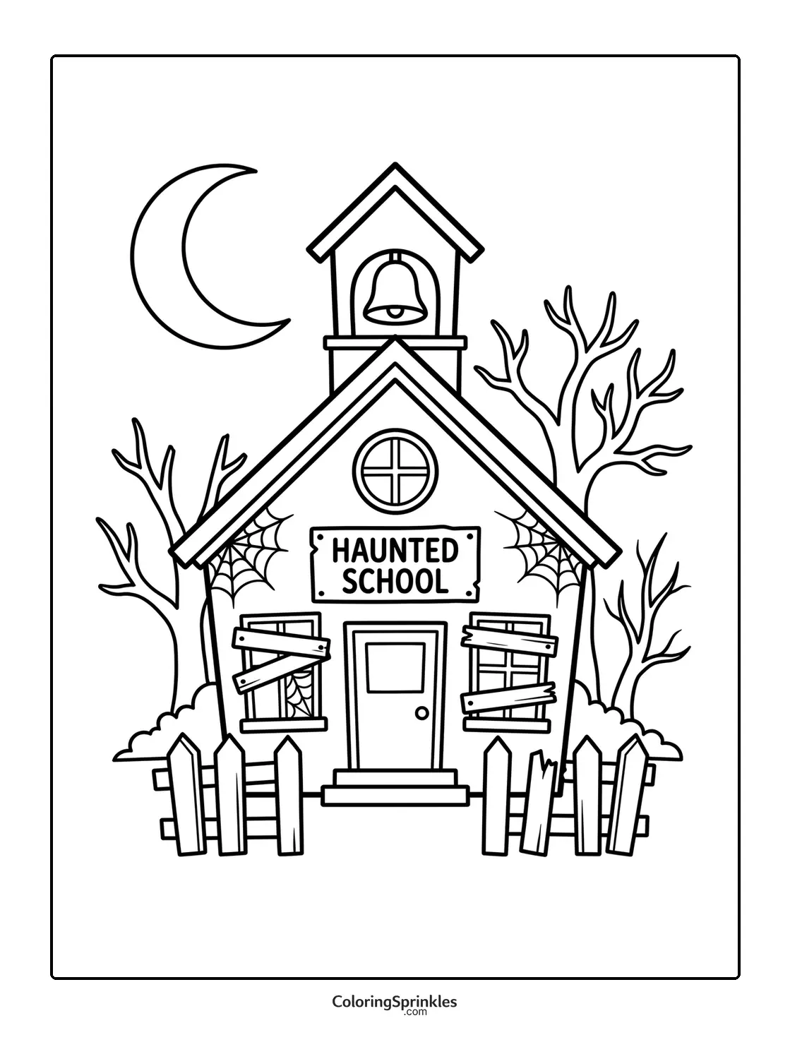 Coloring page of a haunted school house with boarded windows and a crescent moon