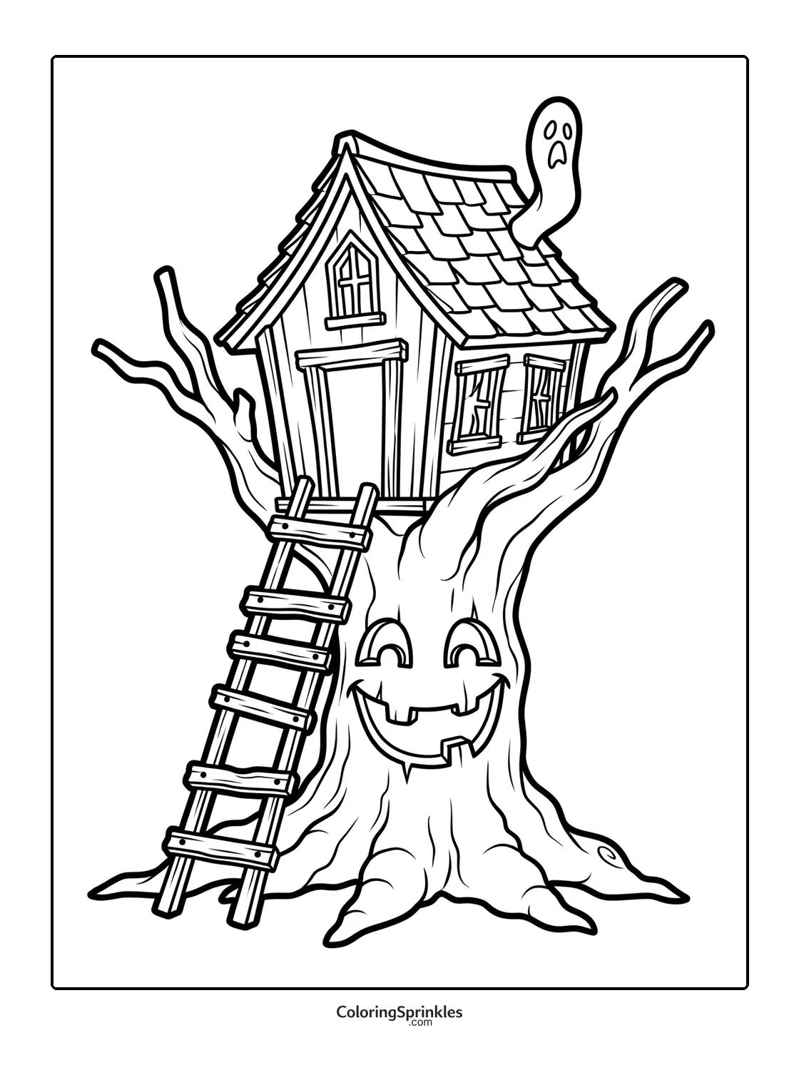 Coloring page of a haunted treehouse with a ladder and ghost