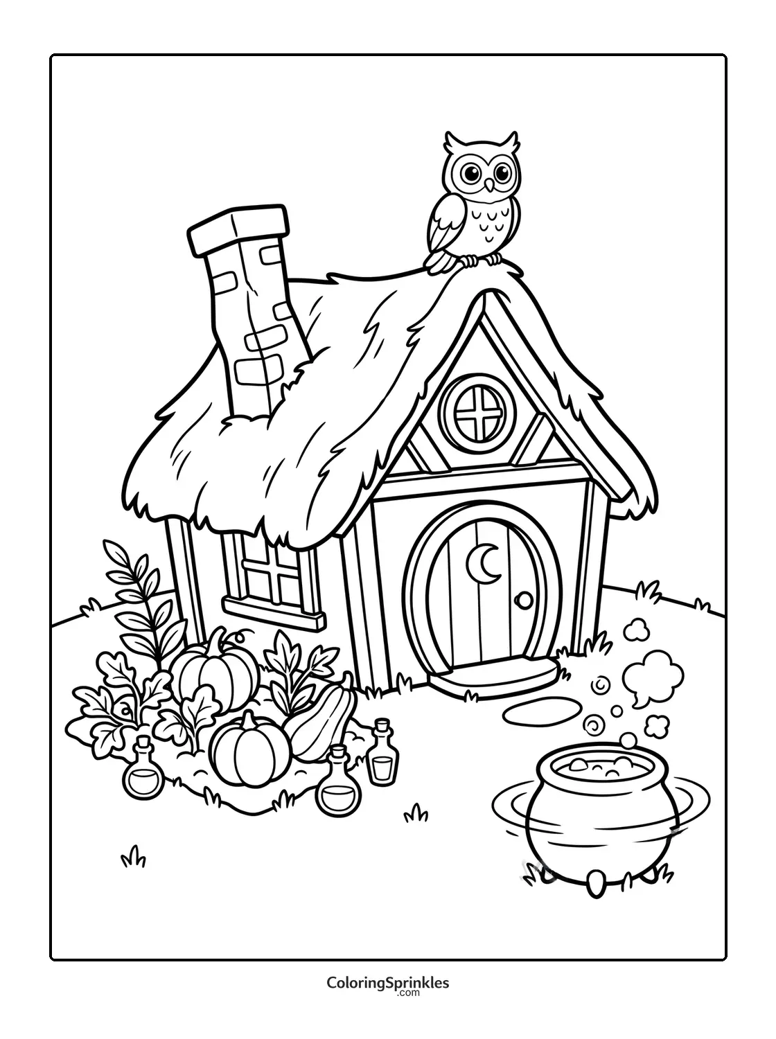 Coloring page of a witch cottage with an owl, pumpkins, and a bubbling cauldron