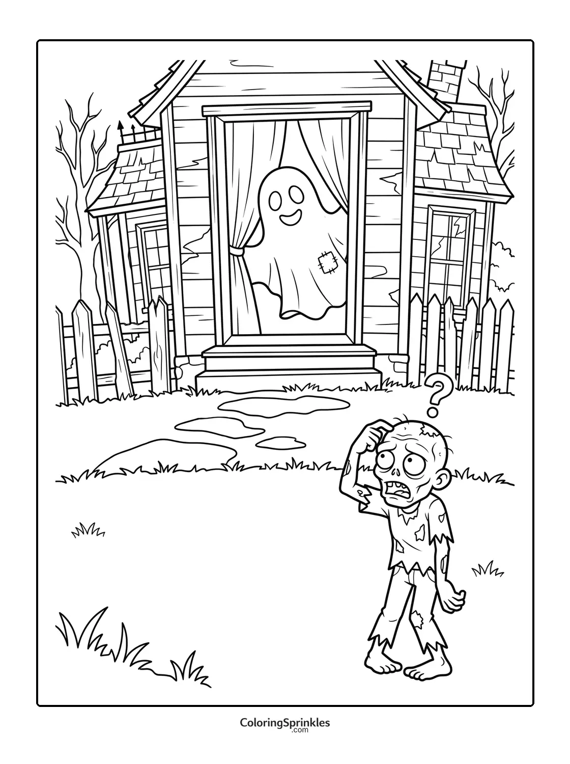 Coloring page of a confused zombie looking at a ghost in a haunted house doorway