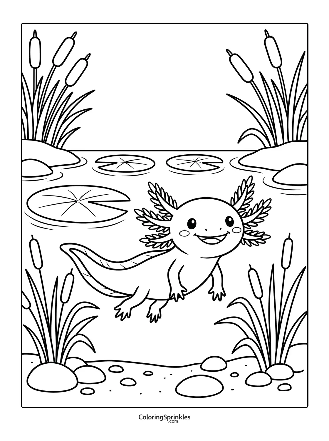 Coloring page of a happy axolotl in a pond with lilypads and cattails