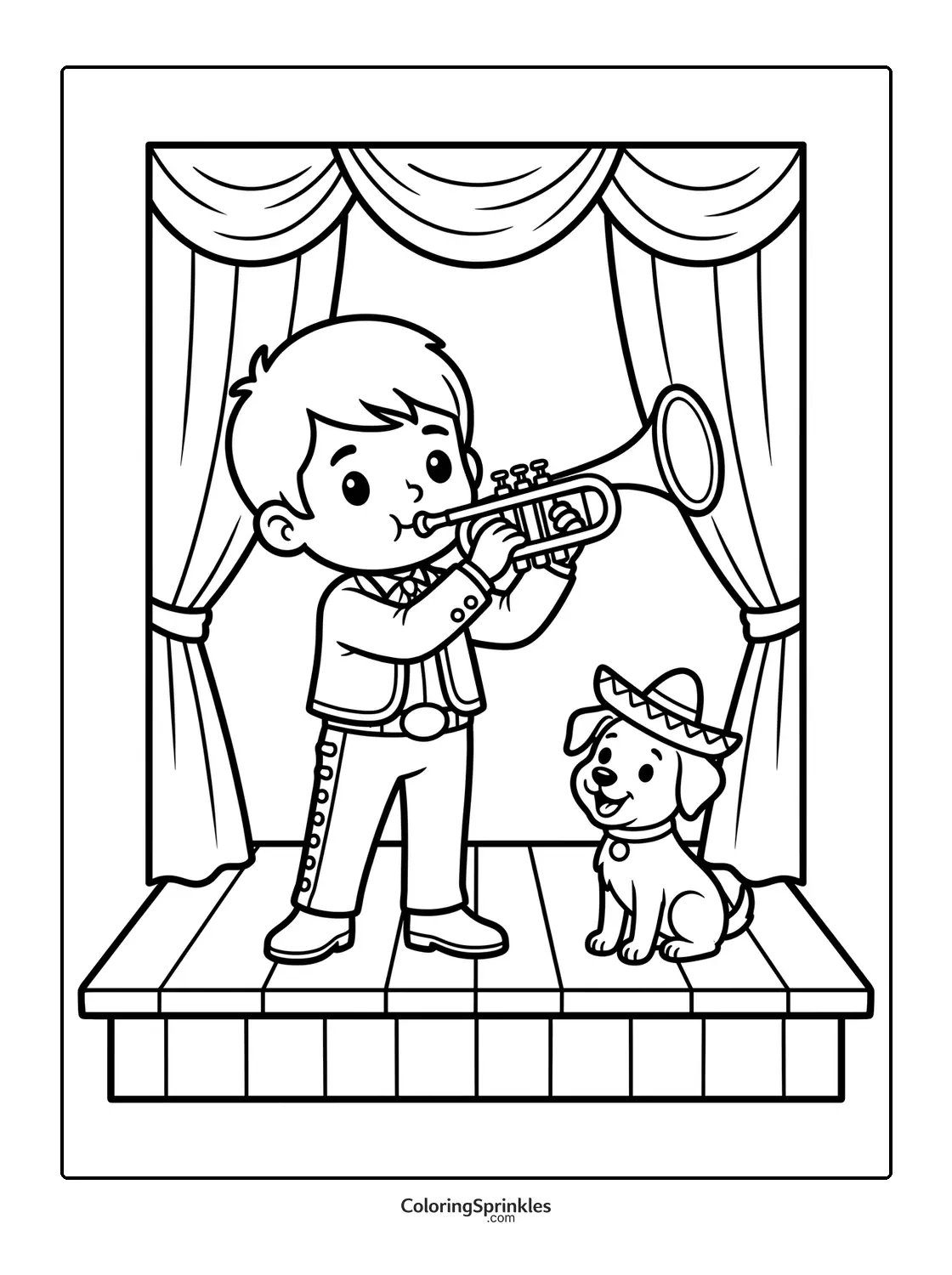 Coloring page of a boy playing trumpet with a dog wearing a sombrero on stage