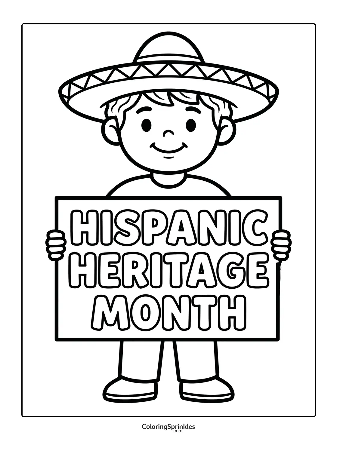 Coloring page of a boy wearing a sombrero holding a Hispanic Heritage Month sign