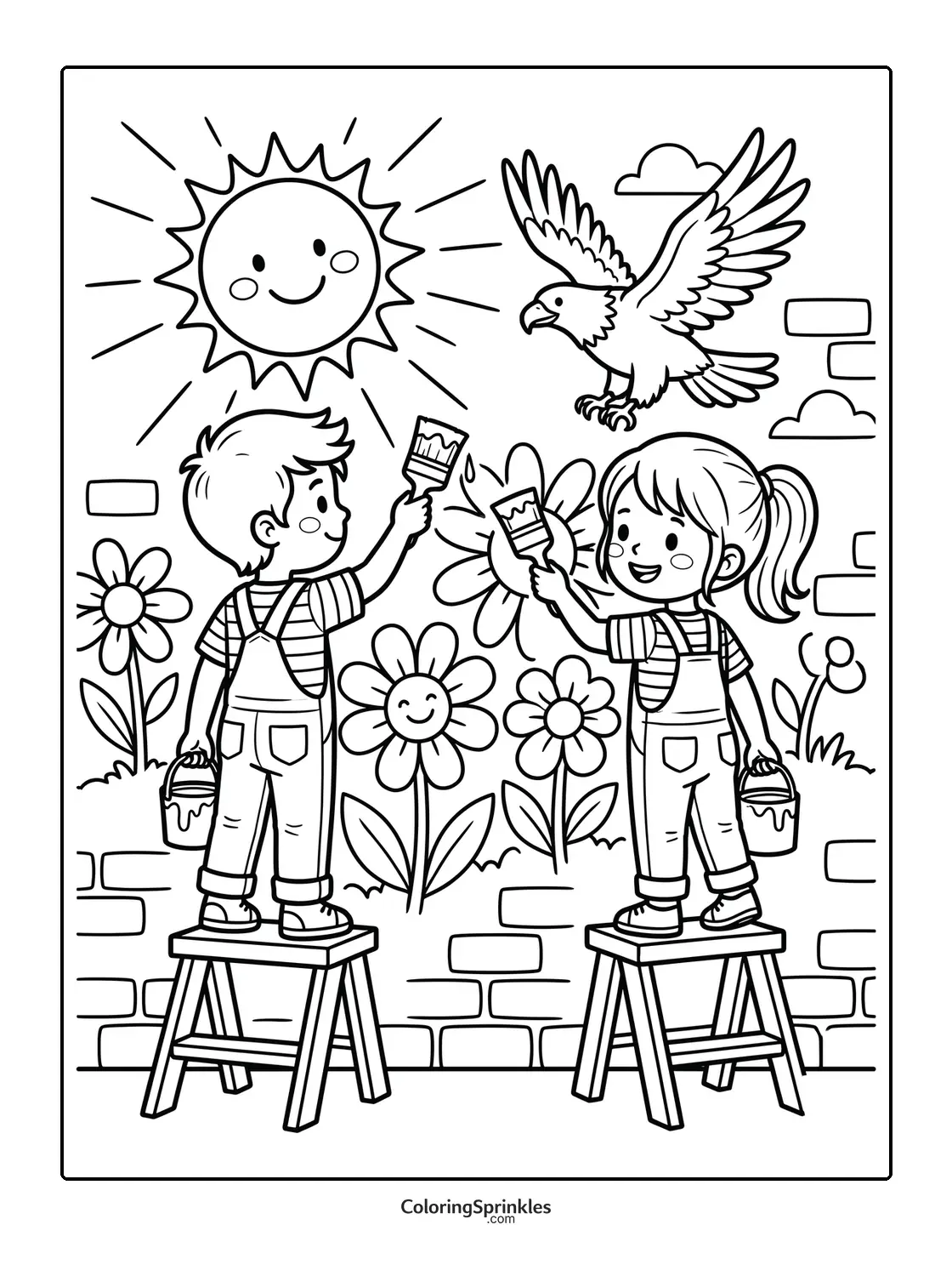 Coloring page of children painting a mural with flowers, sun, and an eagle