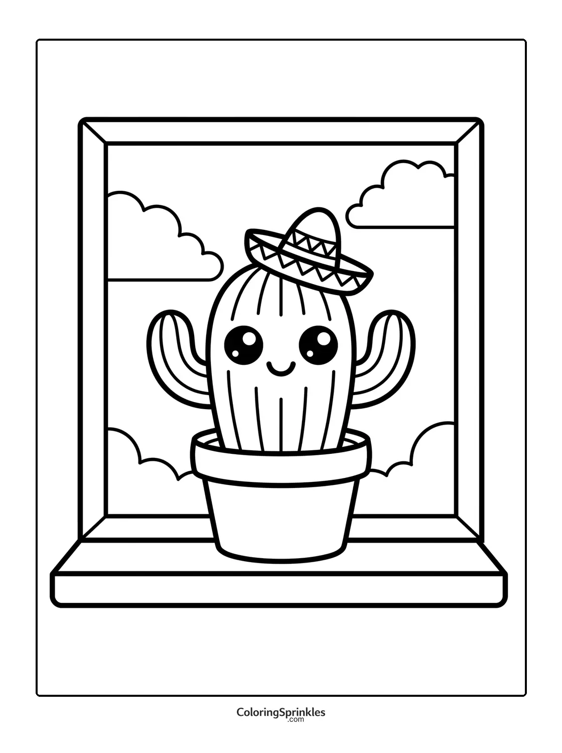 Coloring page of a cute cactus wearing a sombrero on a window sill with clouds outside