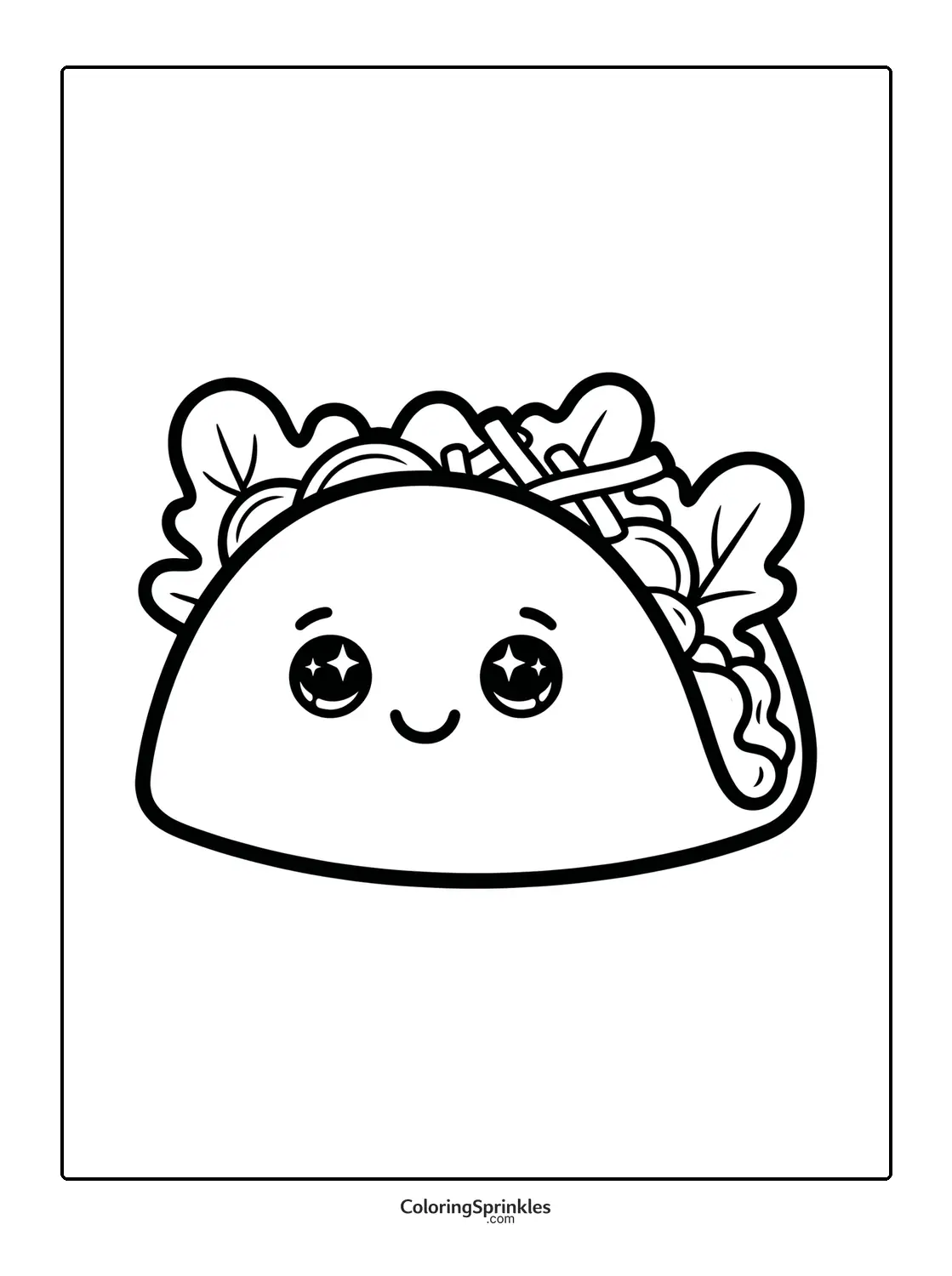 Coloring page of a cute smiling taco with lettuce and tomato