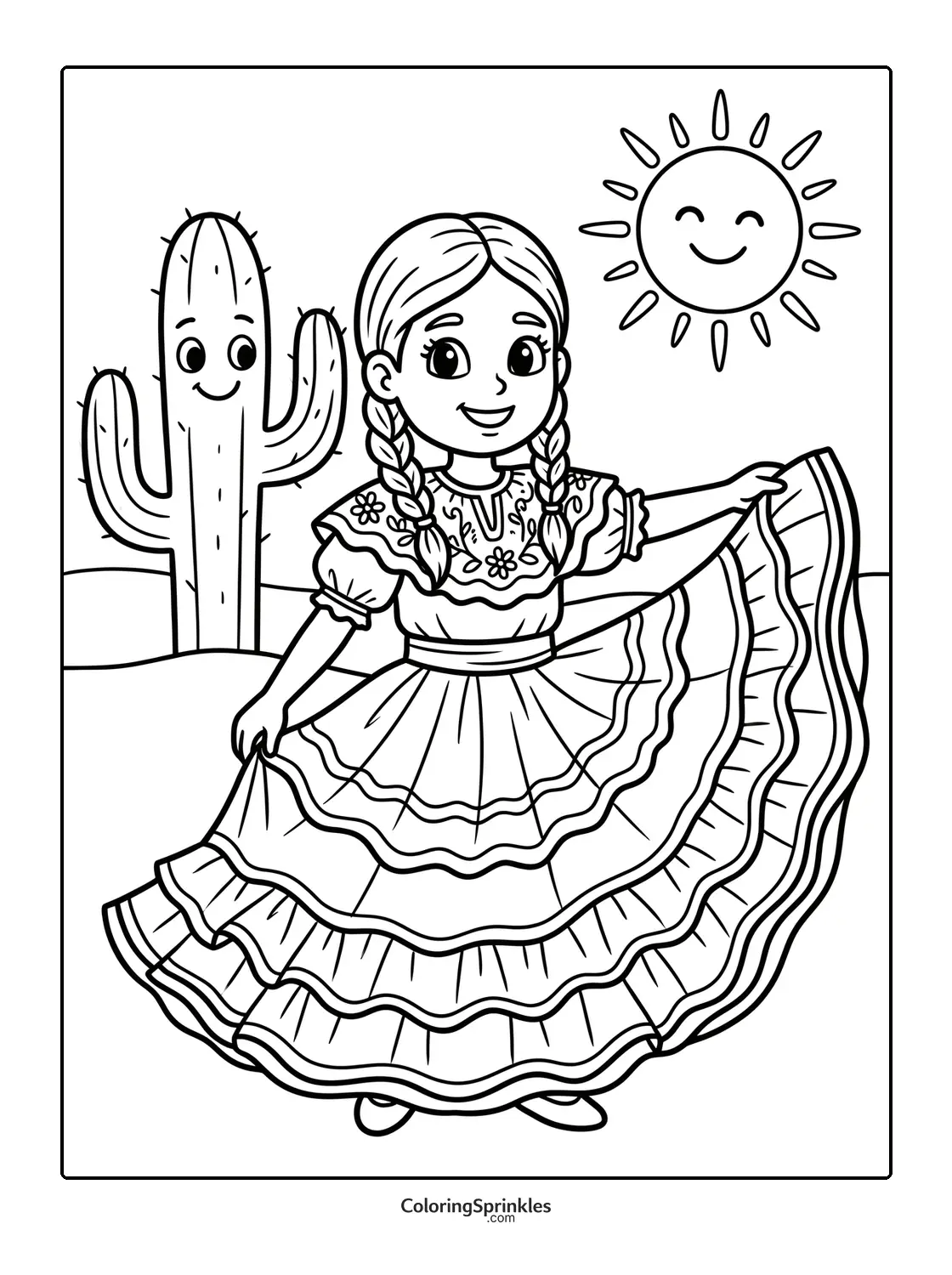 Coloring page of a girl in a traditional dress dancing near a cactus and smiling sun