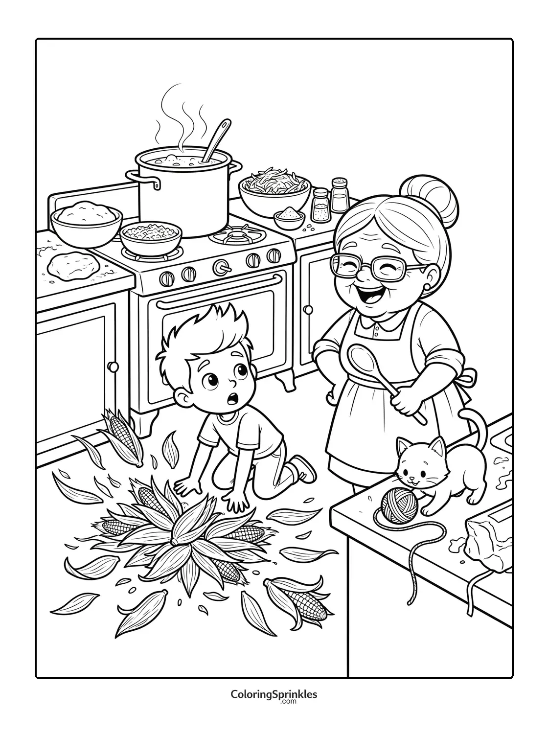 Coloring page of a grandmother and boy with corn husks in a kitchen with a cat